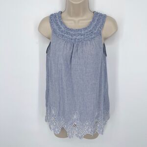 Studio M VINTAGE Blue White Stripe Cotton Embroidered Cutout Top Womens Sz XS